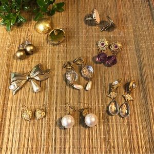 Lot of Vtg Earrings 80's 90's Retro Pearl Crystal Dangles + Brooch + Cufflinks